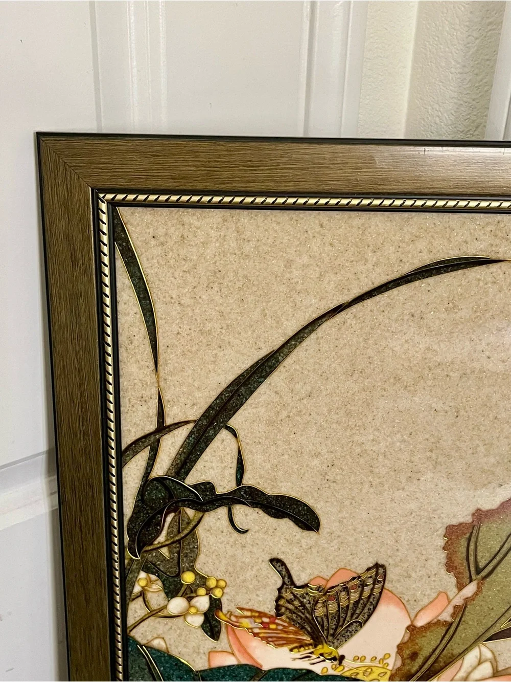 Vintage Ceramic Tile Art Arrangement Of Botanical And Butterfly Motif 18/19 Inch